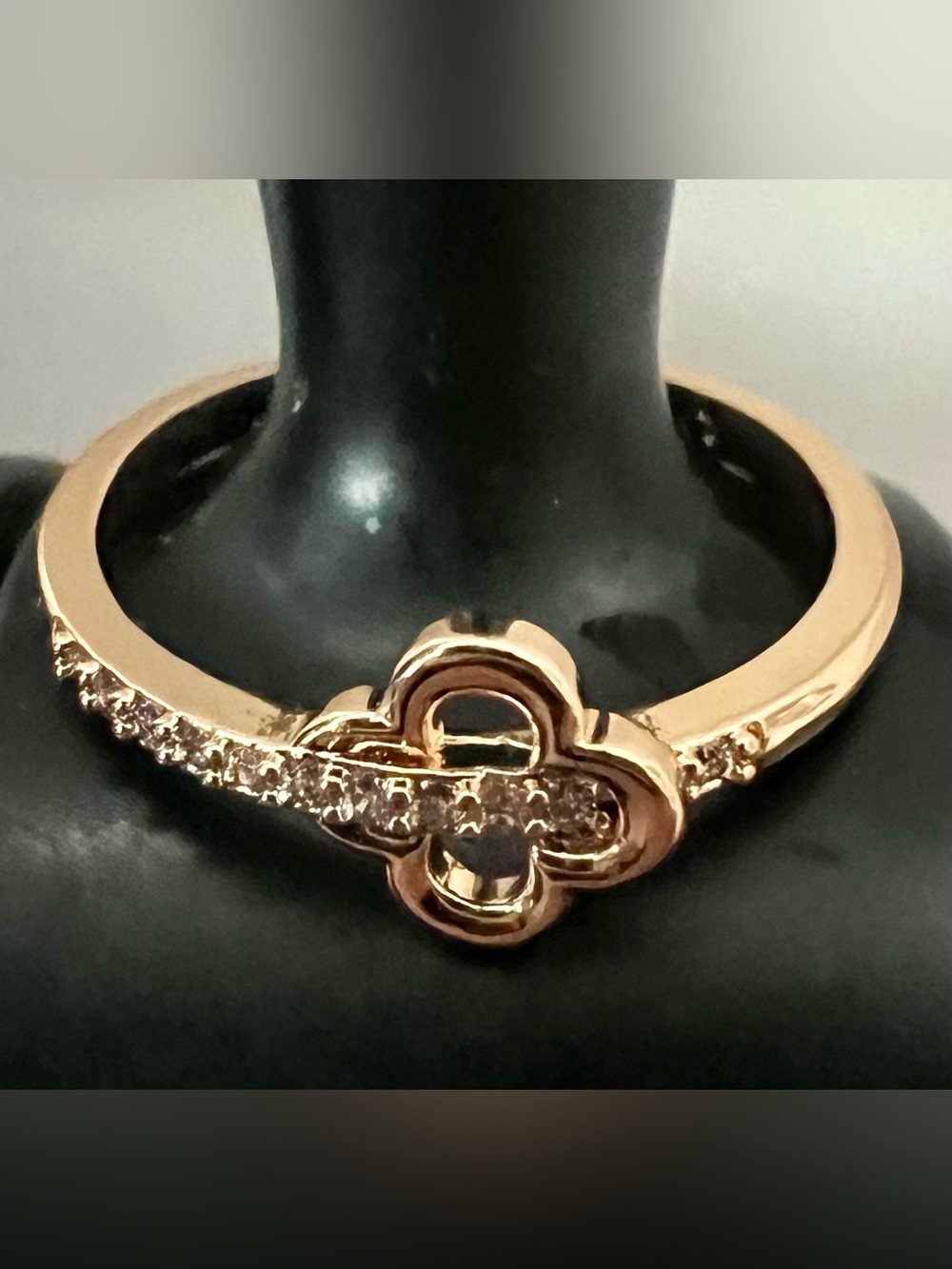 Elegant 14k Rose Gold Plated Clover Ring with Crystal Pavé Accent
